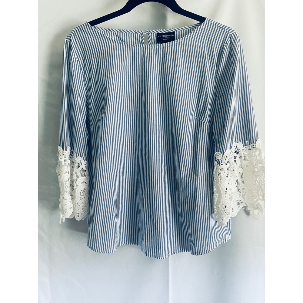 Liz Claiborne Petite Large Blue White Stripe Lace Sleeve Coastal Blouse PL